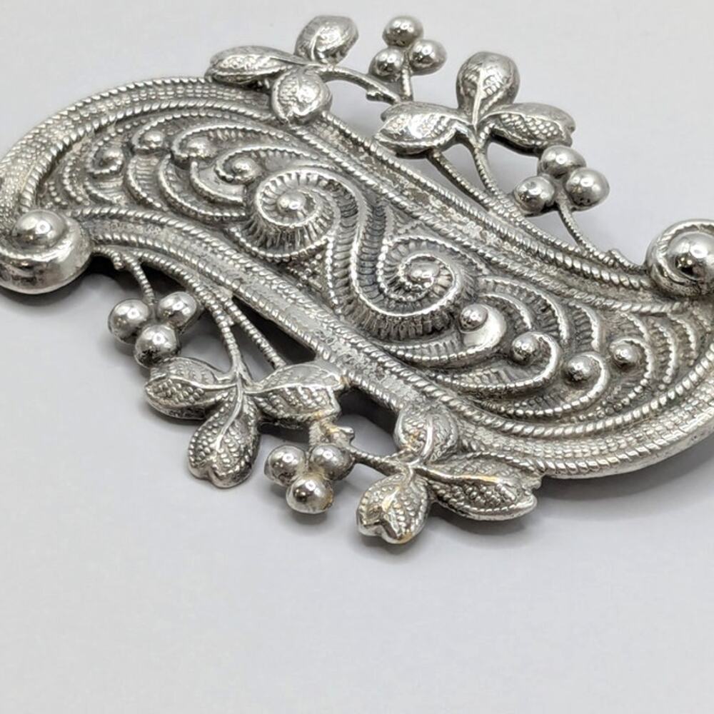 Vintage Antique Sterling Silver Intricate Filigree Leaf Accent Swirl Brooch - Picture 2 of 5
